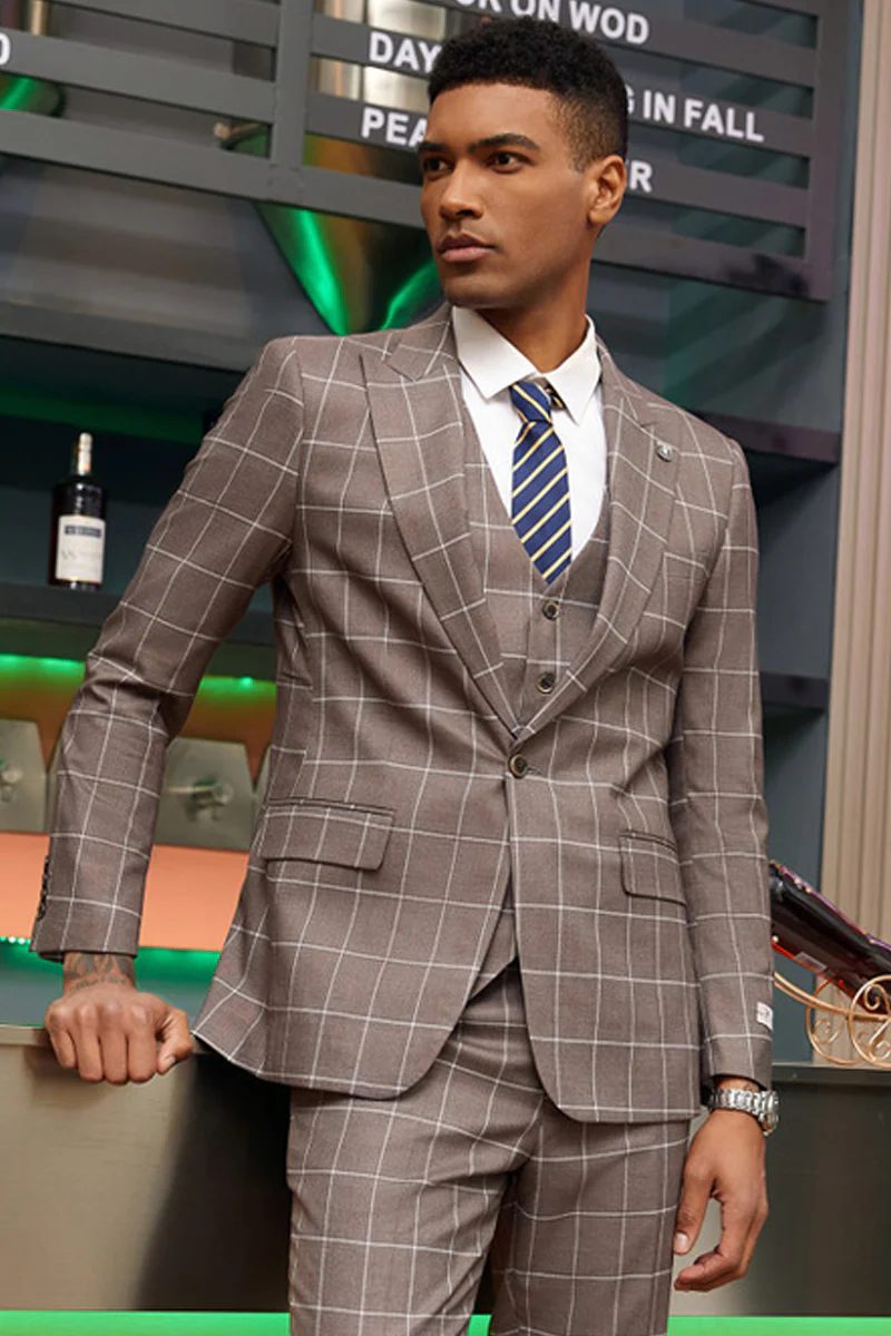 Men's Stacy Adam's One Button Vested Modern Fit Suit in Light Brown Windowpane Plaid