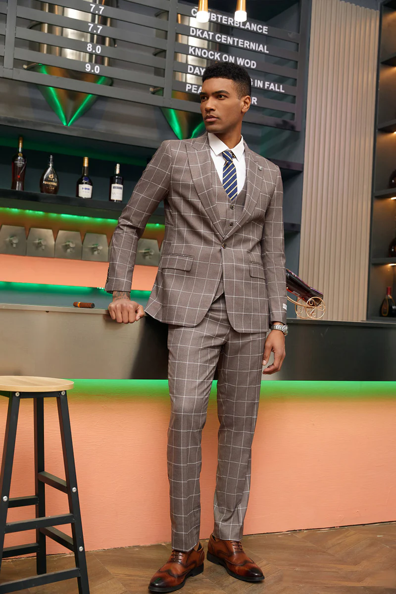 Men's Stacy Adam's One Button Vested Modern Fit Suit in Light Brown Windowpane Plaid - Image 2