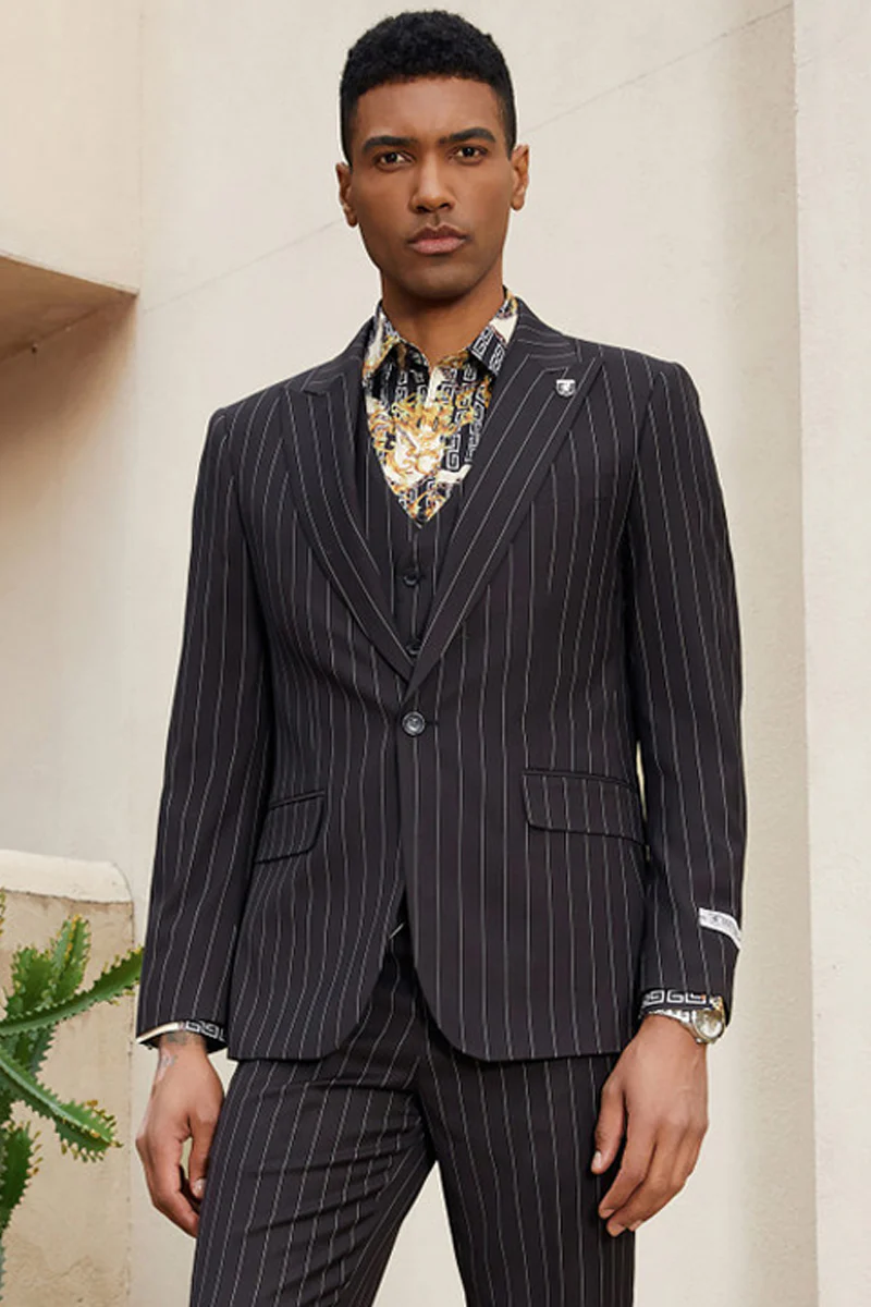 Men's Stacy Adam's One Button Vested Modern Suit in Black Pinstripe