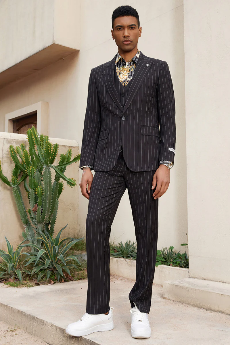 Men's Stacy Adam's One Button Vested Modern Suit in Black Pinstripe - Image 2