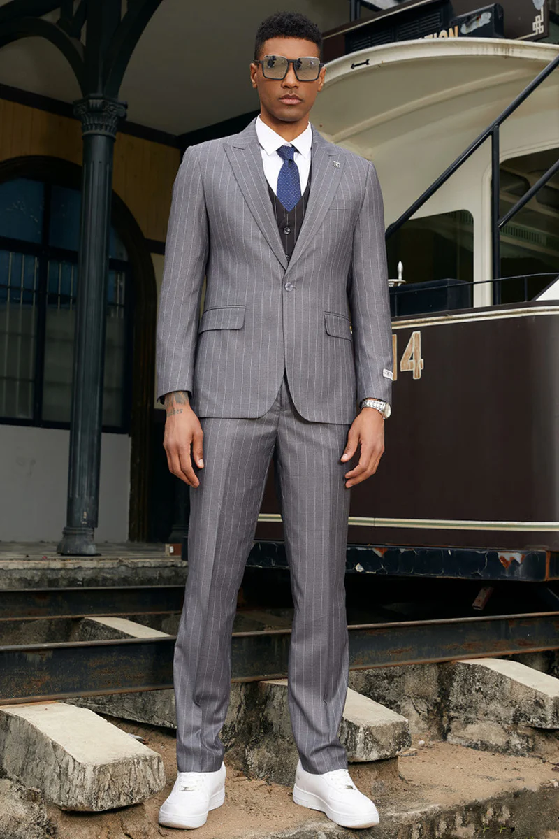 Men's Stacy Adam's One Button Vested Modern Suit in Grey Pinstripe - Image 2