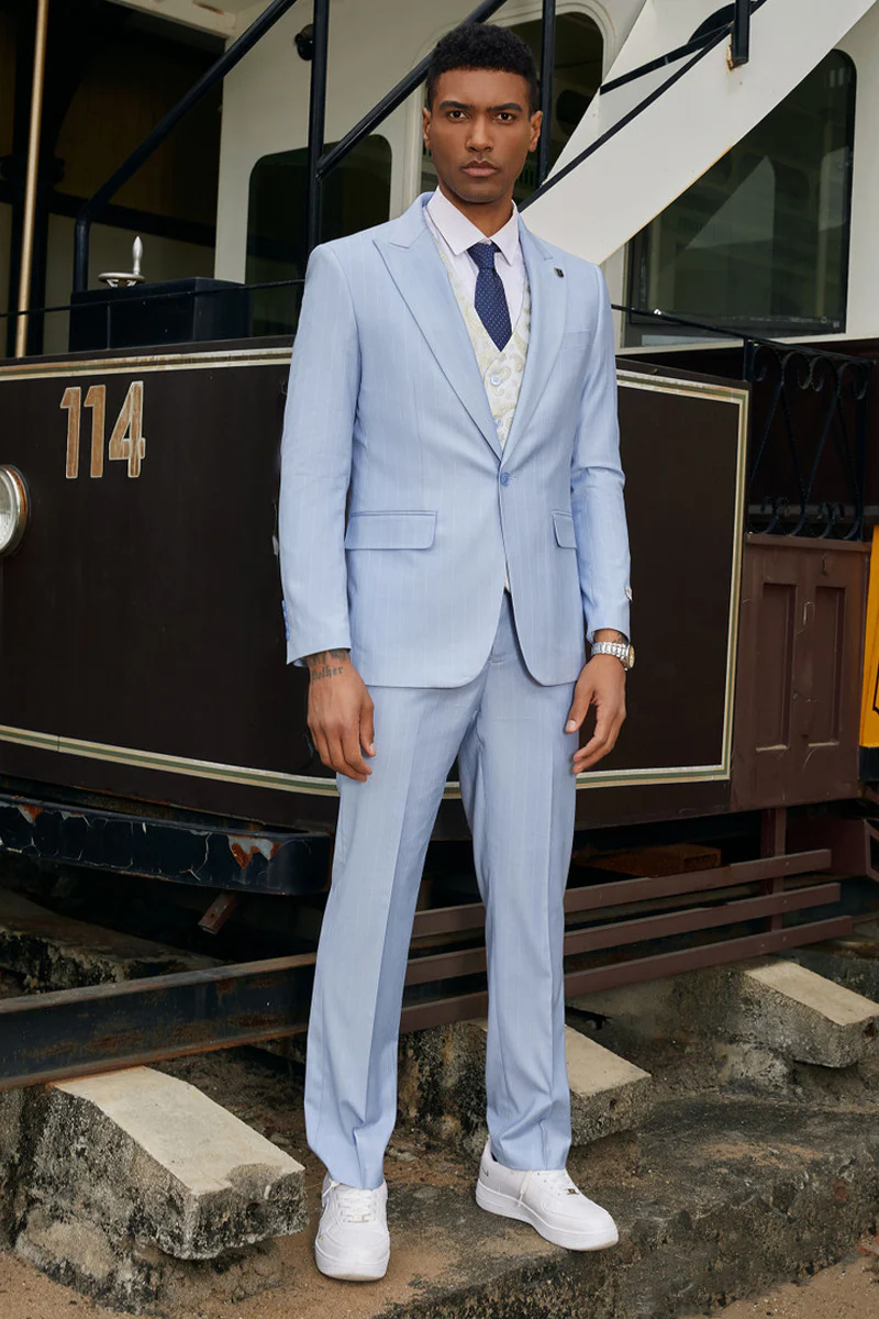 Men's Stacy Adam's One Button Vested Modern Suit in Light Blue Pinstripe - Image 2