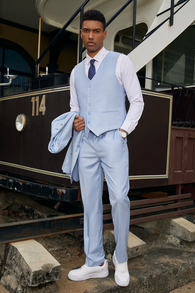 Men's Stacy Adam's One Button Vested Modern Suit in Light Blue Pinstripe - Image 3