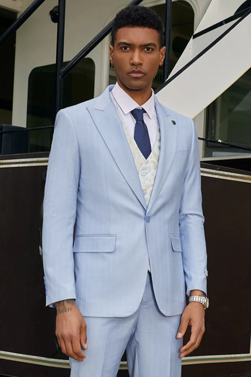 Men's Stacy Adam's One Button Vested Modern Suit in Light Blue Pinstripe | CLOSE OUT 40R