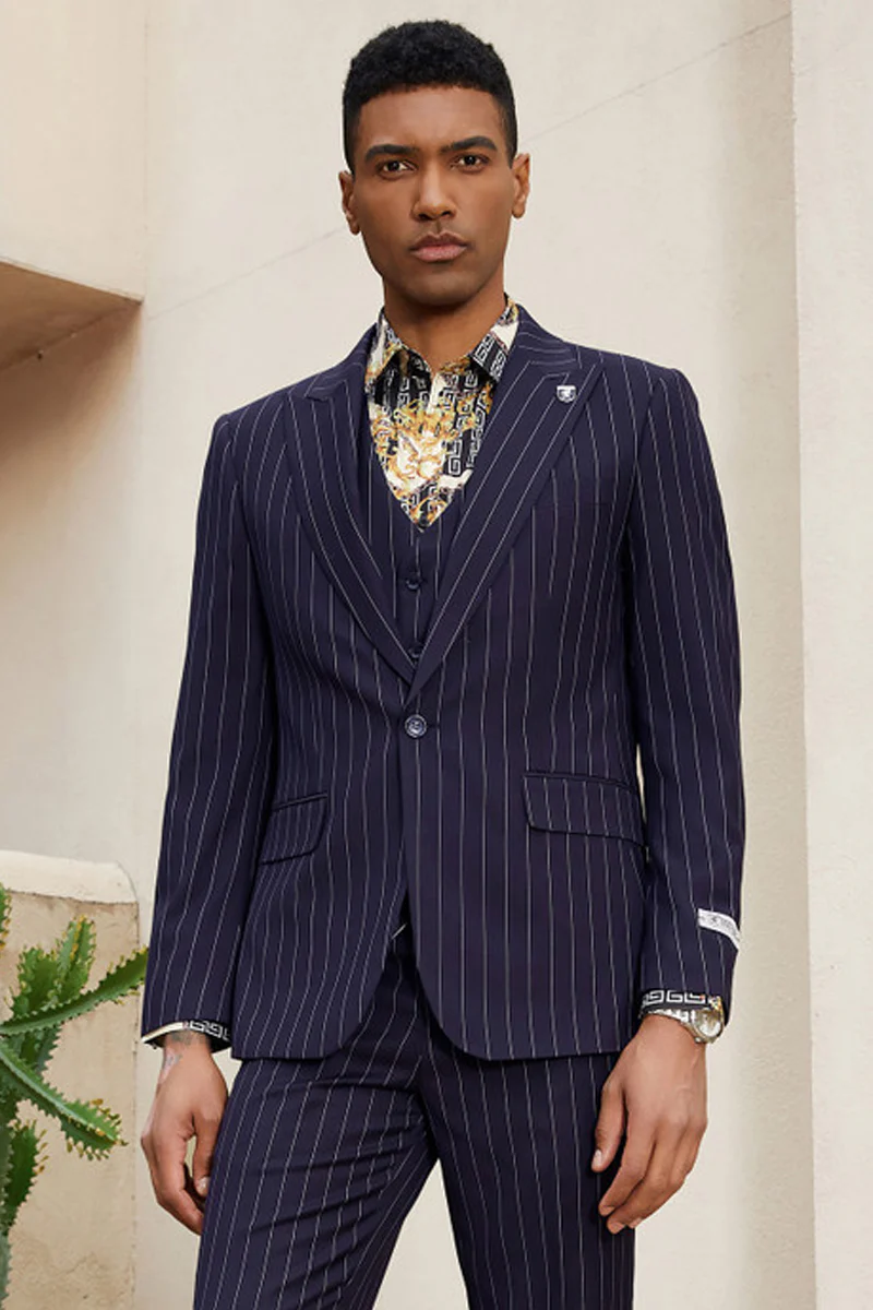 Men's Stacy Adam's One Button Vested Modern Suit in Midnight Navy Blue Pinstripe