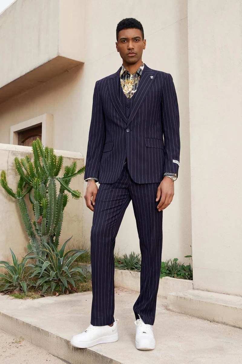 Men's Stacy Adam's One Button Vested Modern Suit in Midnight Navy Blue Pinstripe - Image 2