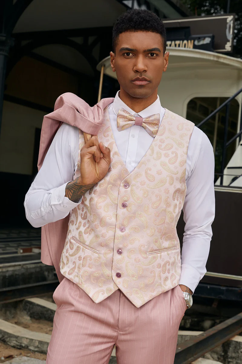 Men's Stacy Adam's One Button Vested Modern Suit in Rose Pink Pinstripe - Image 3
