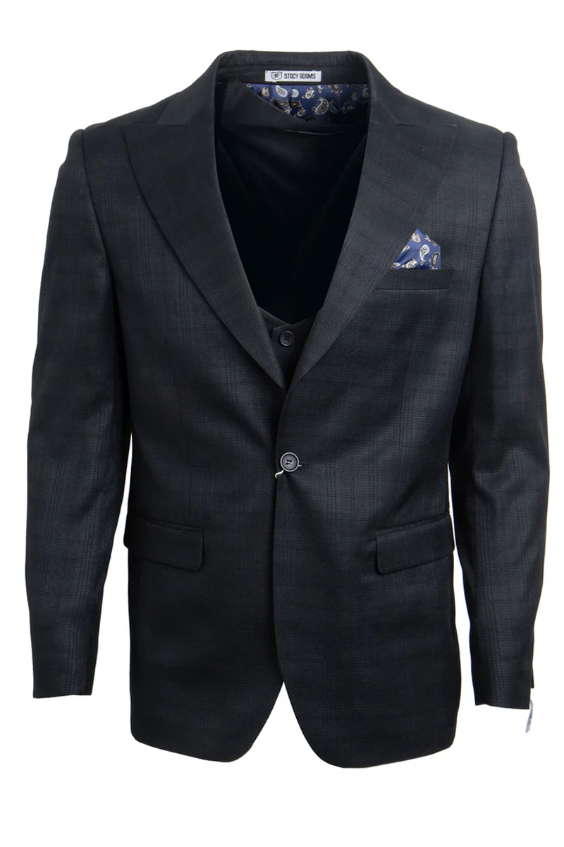 Men's Stacy Adams One Button Vested Peak Lapel Glen Plaid Suit in Black - Image 2