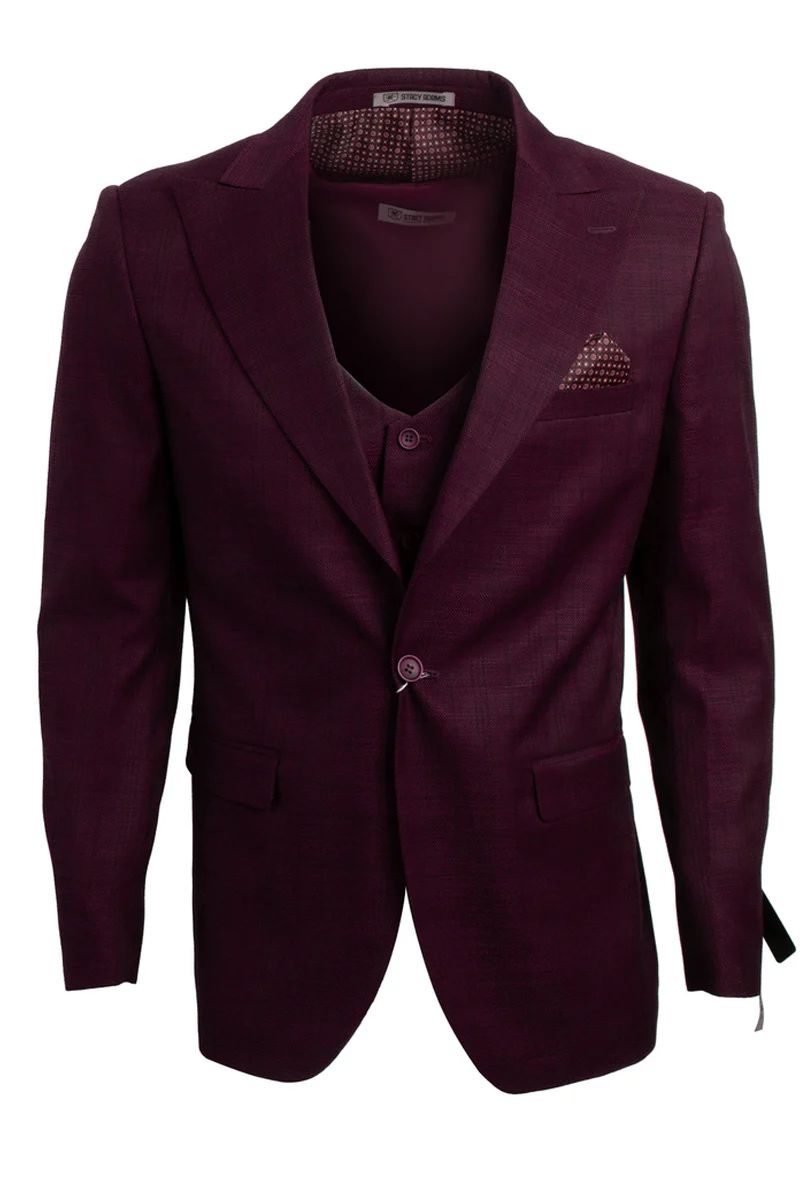 Men's Stacy Adams One Button Vested Peak Lapel Glen Plaid Suit in Burgundy - Image 2