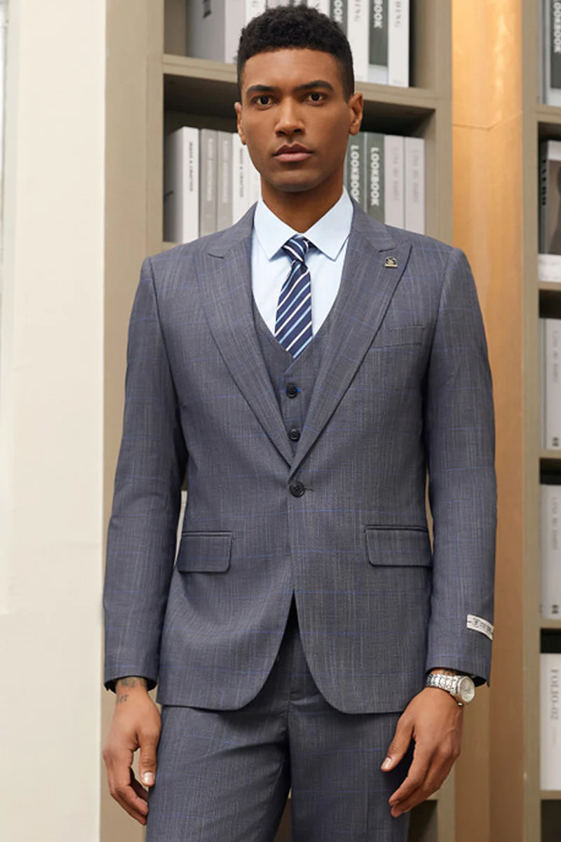 Men's Stacy Adam's One Button Vested Peak Lapel Suit in Grey & Blue Windowpane Plaid