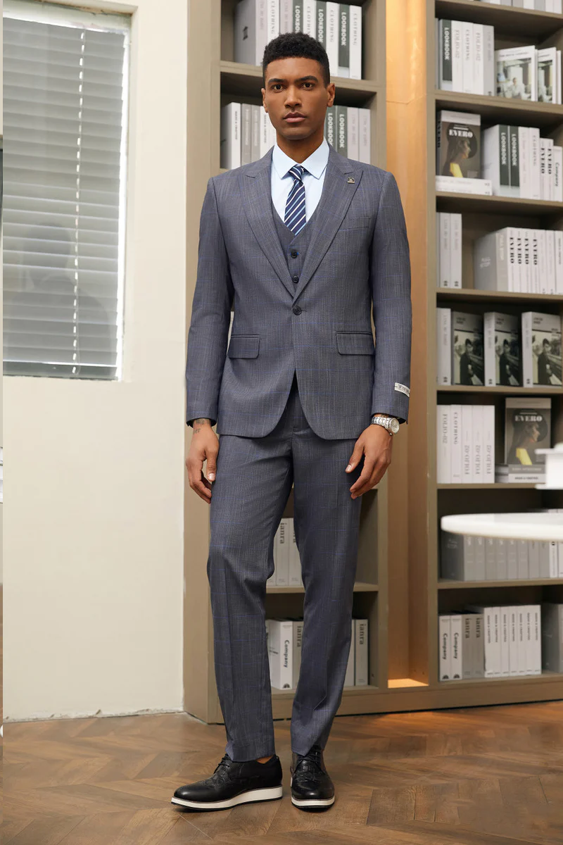 Men's Stacy Adam's One Button Vested Peak Lapel Suit in Grey & Blue Windowpane Plaid - Image 2