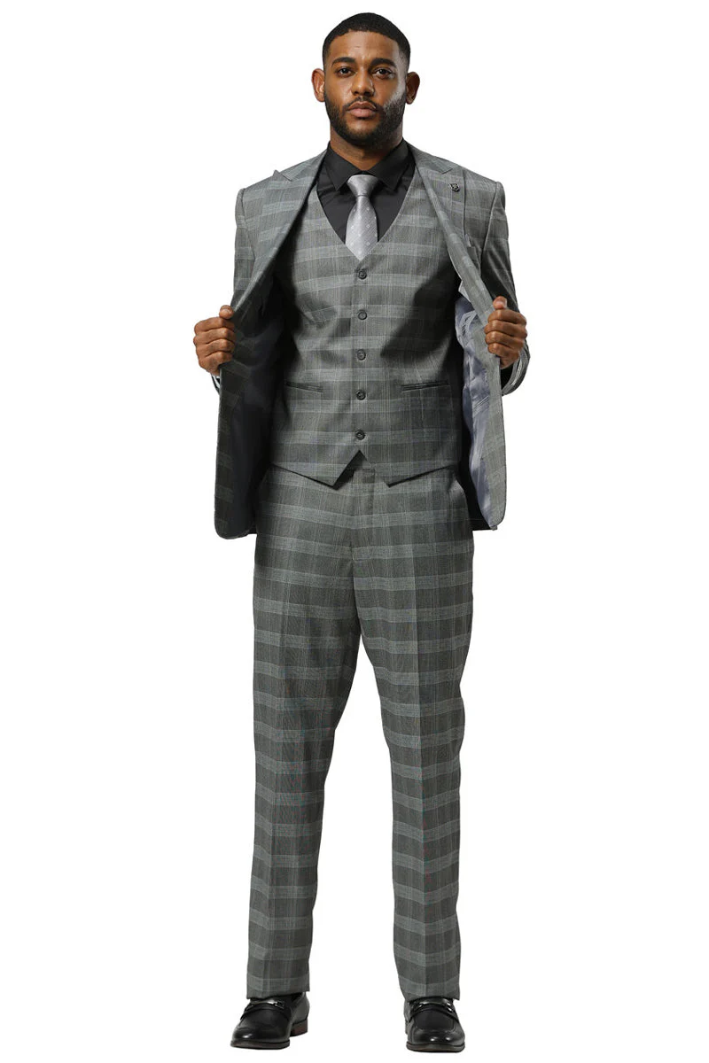Men's Stacy Adams One Button Vested Peak Lapel Suit in Grey Glen Plaid - Image 3