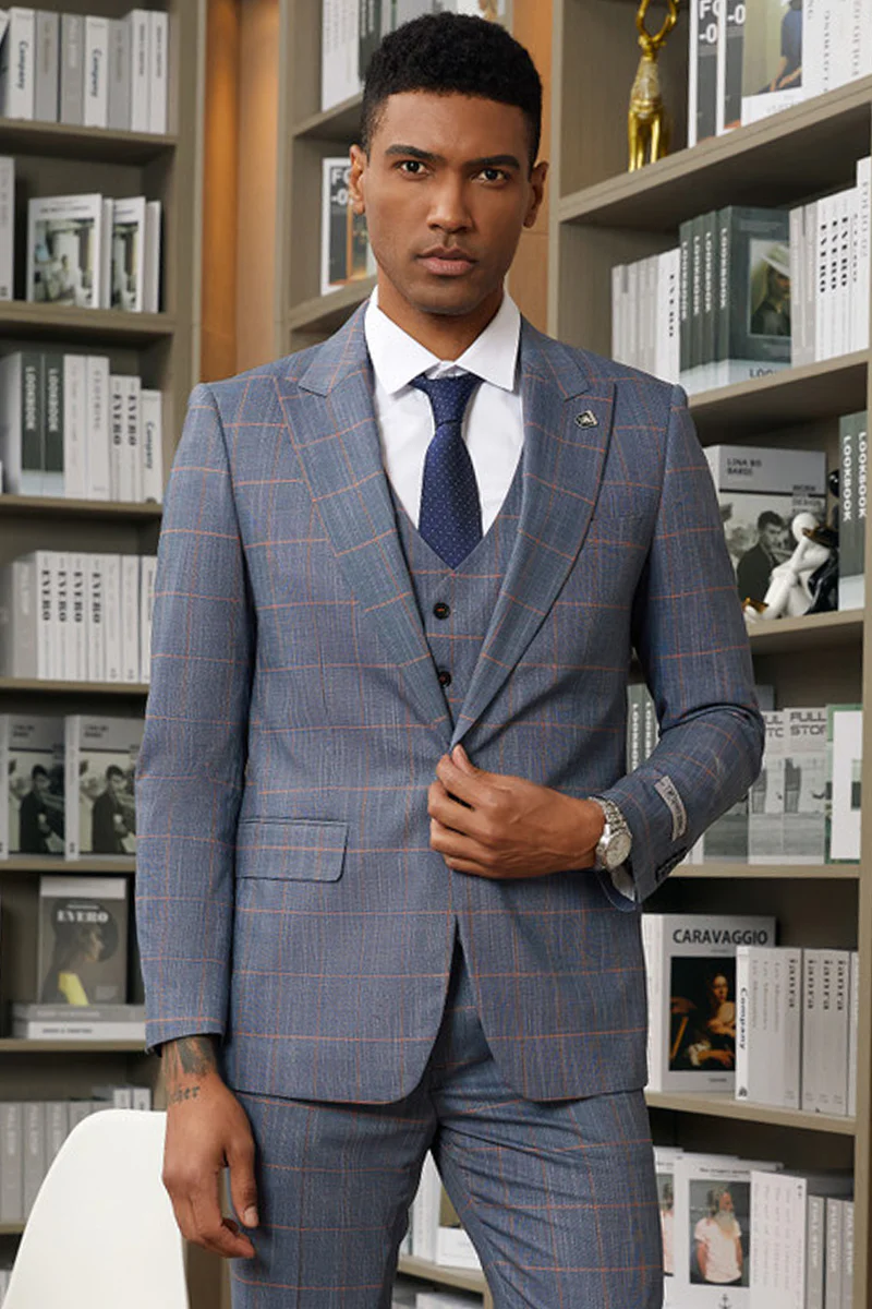 Men's Stacy Adam's One Button Vested Peak Lapel Suit in Navy Blue & Orange Windowpane Plaid