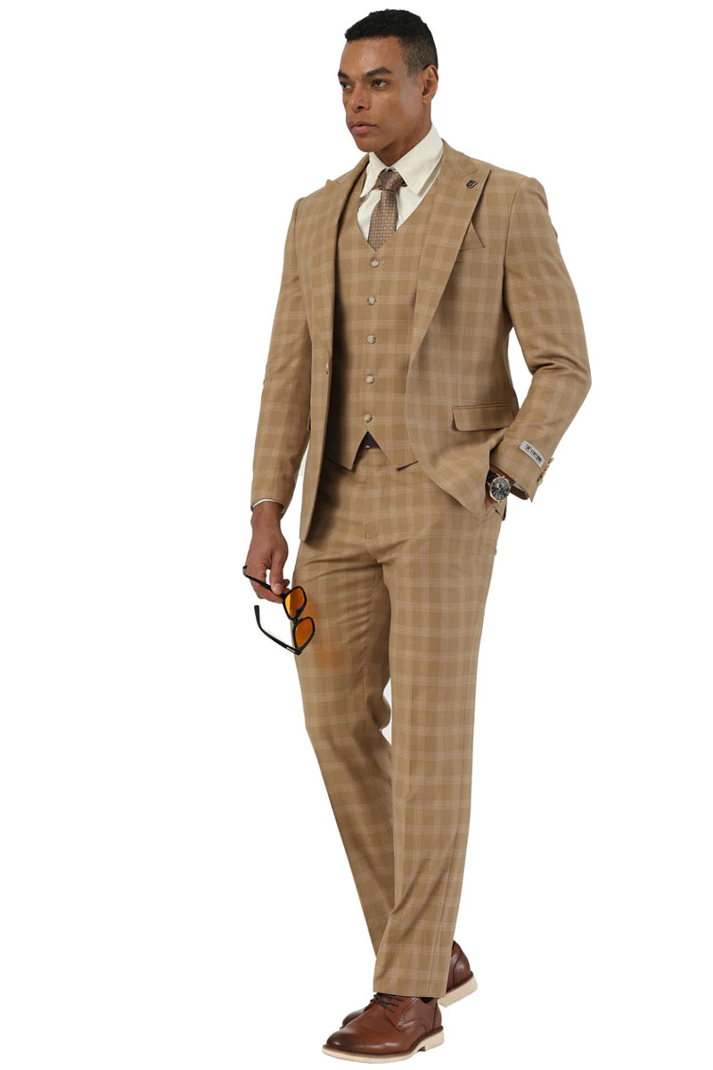 Men's Stacy Adams One Button Vested Peak Lapel Suit in Taupe Plaid - Image 2