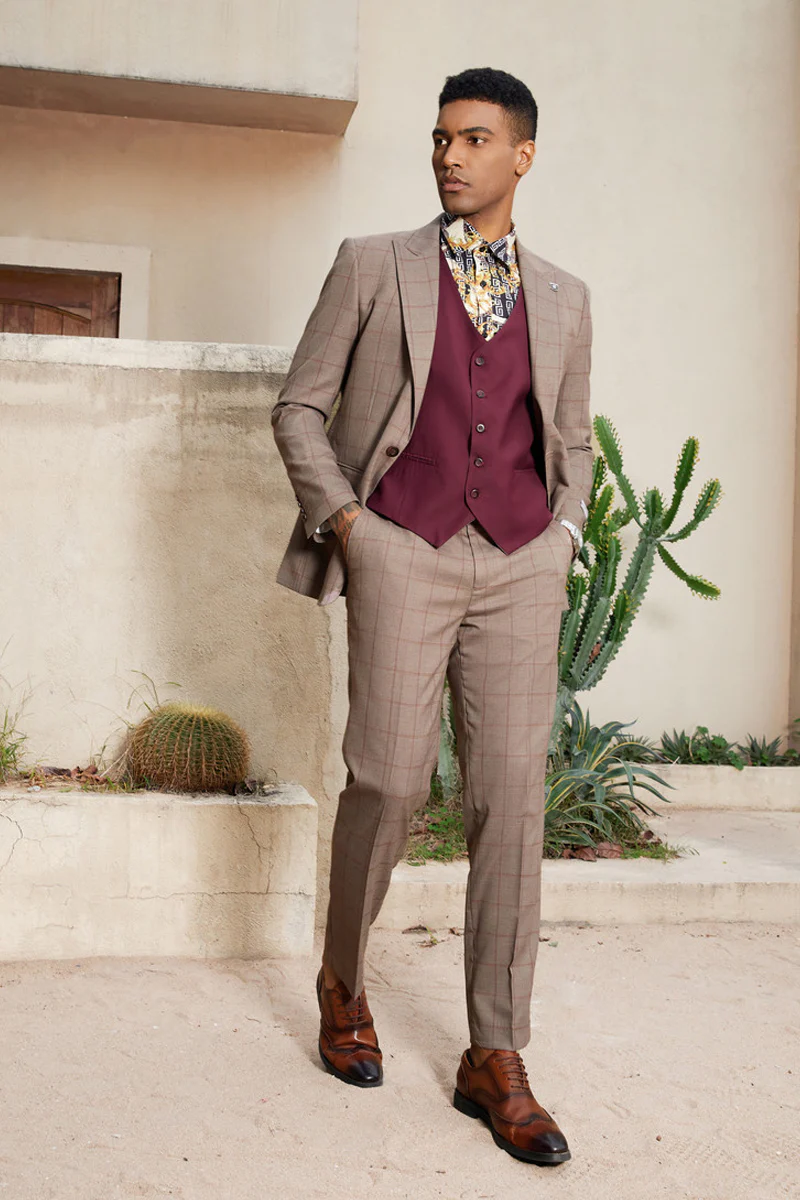 Men's Stacy Adam's One Button Windowpane Plaid Suit with Reversible Vest in Light Brown - Image 3