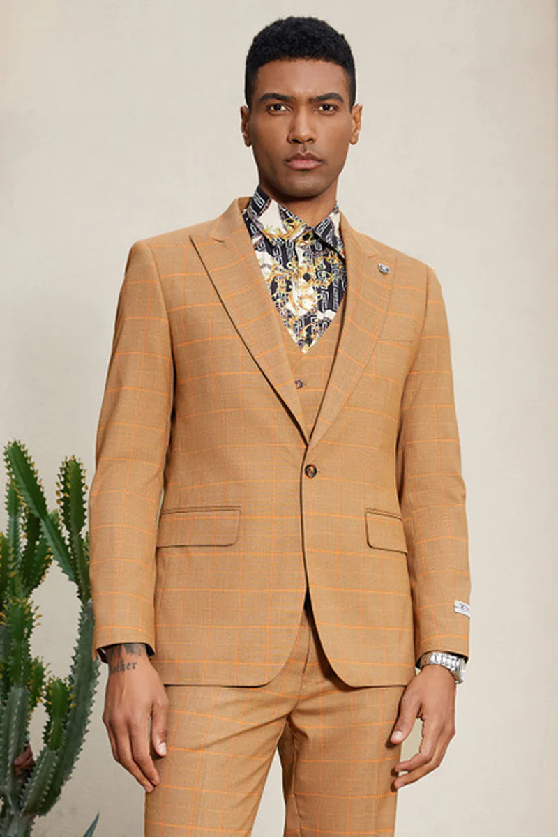 Men's Stacy Adam's One Button Windowpane Plaid Suit with Reversible Vest in Orange Rust