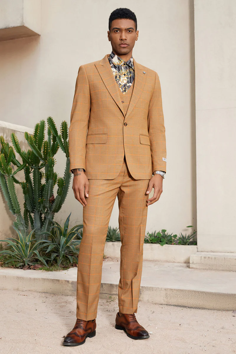 Men's Stacy Adam's One Button Windowpane Plaid Suit with Reversible Vest in Orange Rust - Image 2