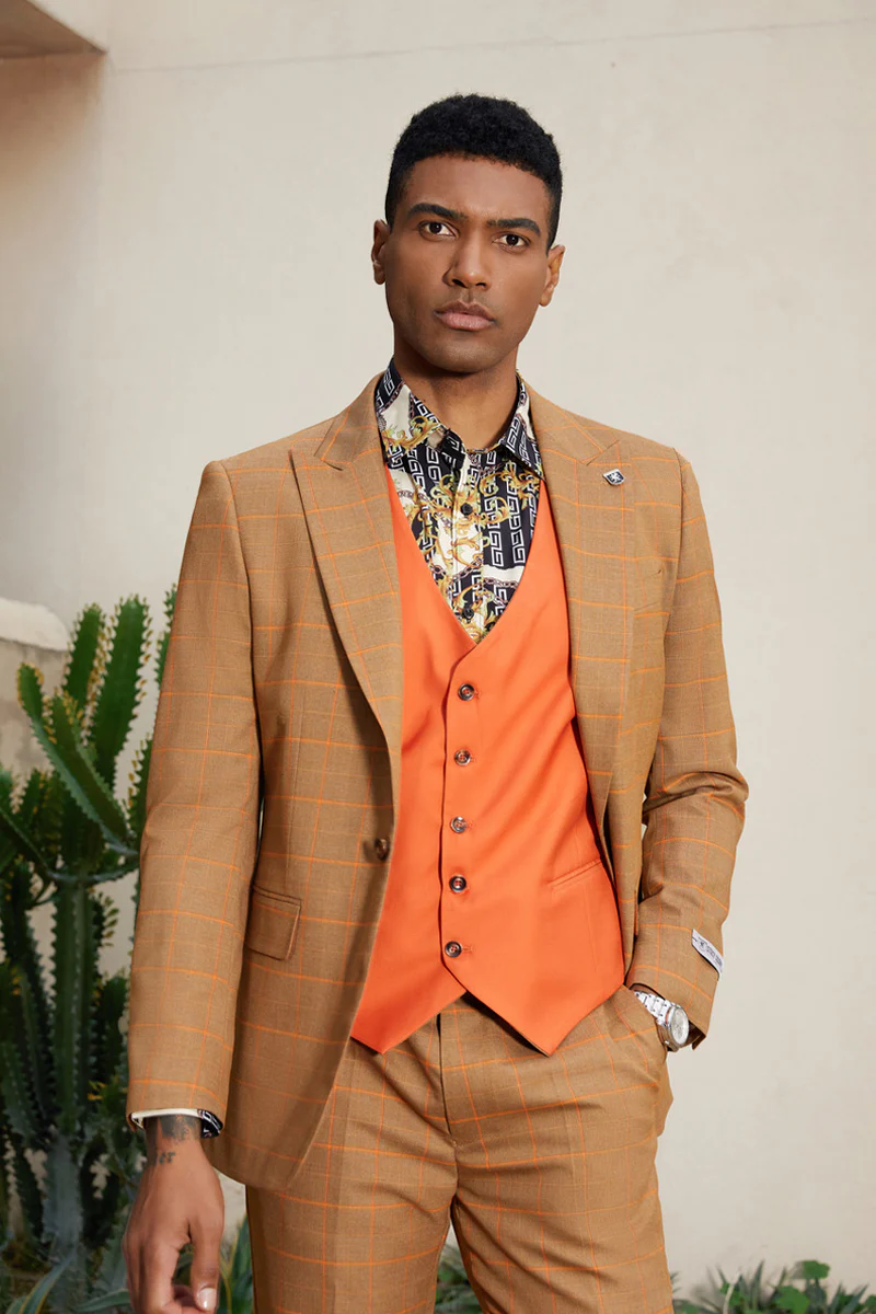 Men's Stacy Adam's One Button Windowpane Plaid Suit with Reversible Vest in Orange Rust - Image 3