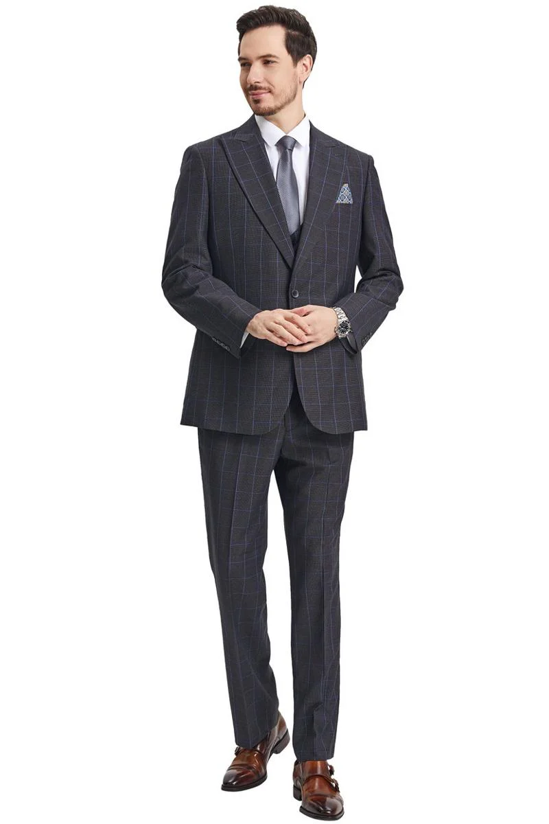 Men's Stacy Adams Peak Lapel Charcoal Grey Windowpane Plaid Suit with a Scoop Neck Vest - Image 2