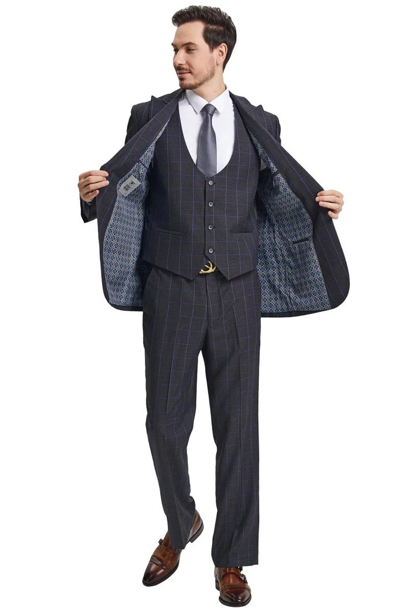 Men's Stacy Adams Peak Lapel Charcoal Grey Windowpane Plaid Suit with a Scoop Neck Vest - Image 3