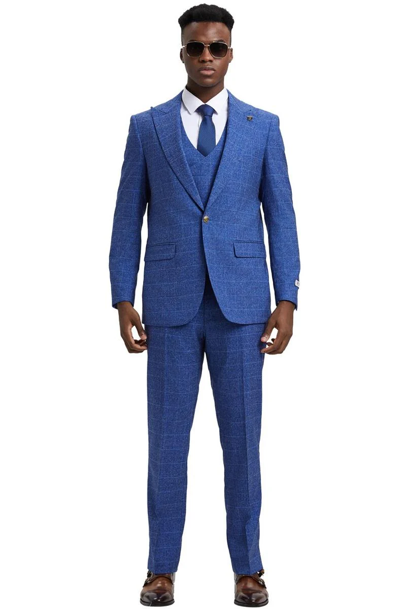 Men's Stacy Adams Peak Lapel Suit with Double Breasted Vest in Blue Windowpane Plaid - Image 2