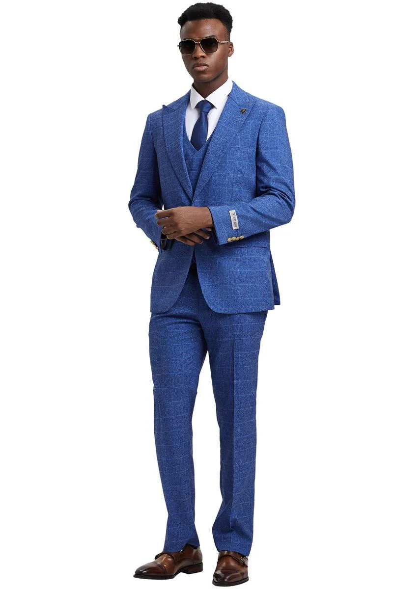 Men's Stacy Adams Peak Lapel Suit with Double Breasted Vest in Blue Windowpane Plaid - Image 3