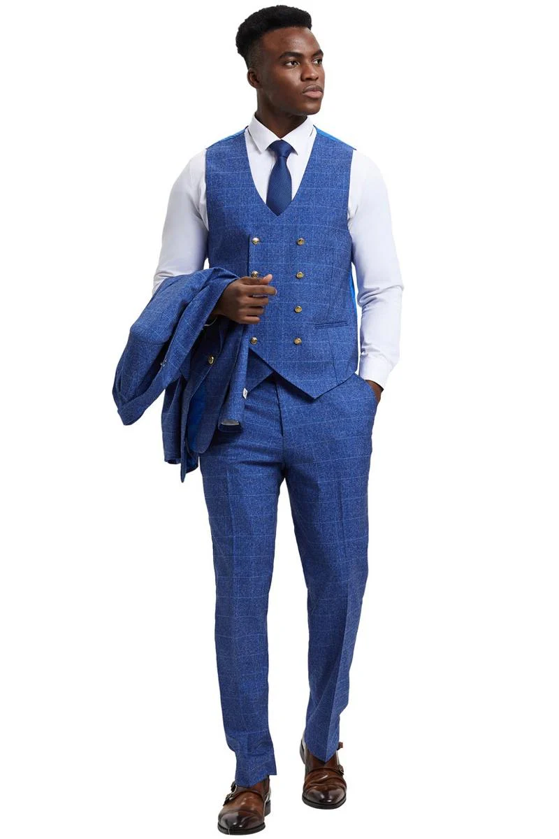 Men's Stacy Adams Peak Lapel Suit with Double Breasted Vest in Blue Windowpane Plaid - Image 4