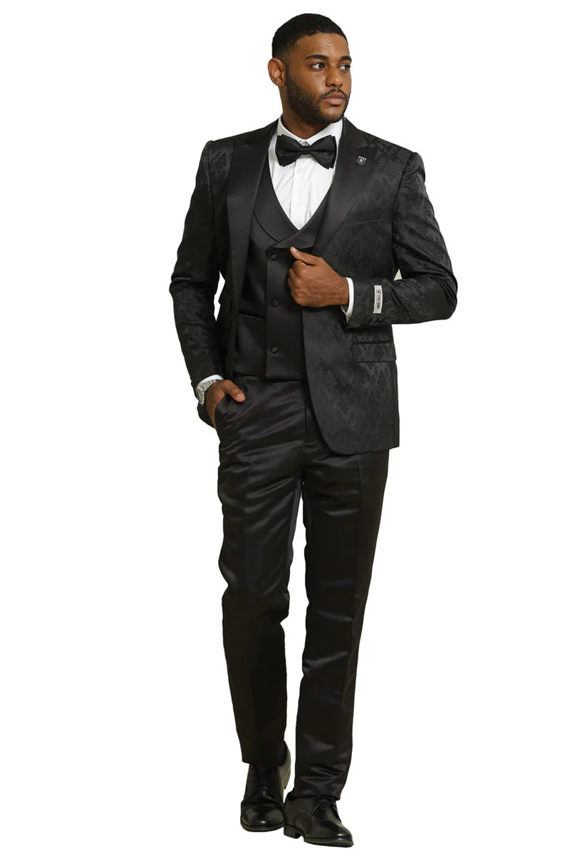 Men's Stacy Adams Shiny Brocade Wedding & Prom Tuxedo with Double Breasted Vest in Black - Image 2