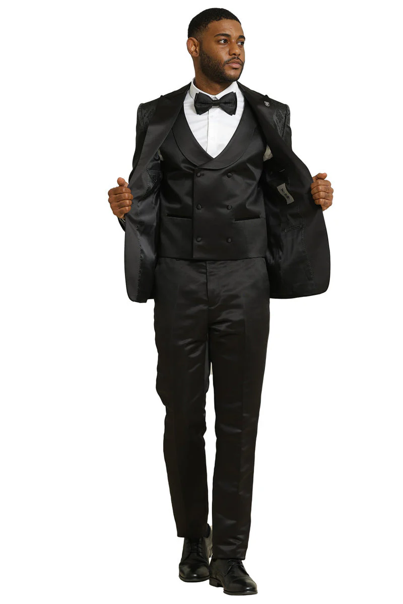 Men's Stacy Adams Shiny Brocade Wedding & Prom Tuxedo with Double Breasted Vest in Black - Image 3