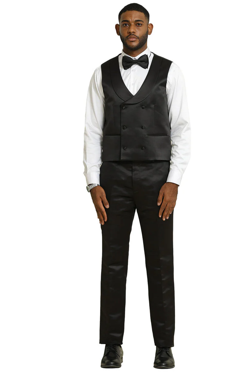 Men's Stacy Adams Shiny Brocade Wedding & Prom Tuxedo with Double Breasted Vest in Black - Image 5