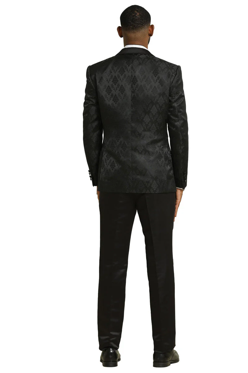 Men's Stacy Adams Shiny Brocade Wedding & Prom Tuxedo with Double Breasted Vest in Black - Image 7