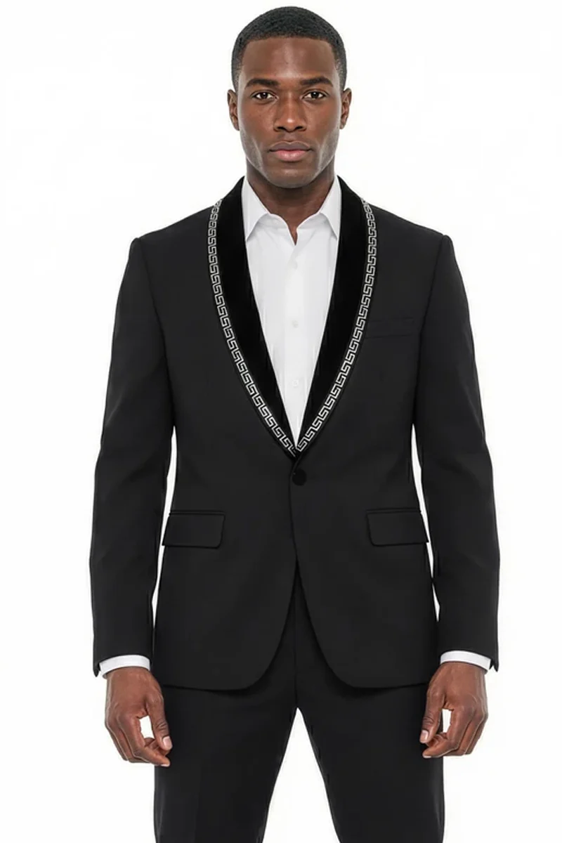 Men's Stacy Adams Studded Shawl Lapel Designer Tuxedo with Flared Pants in Black