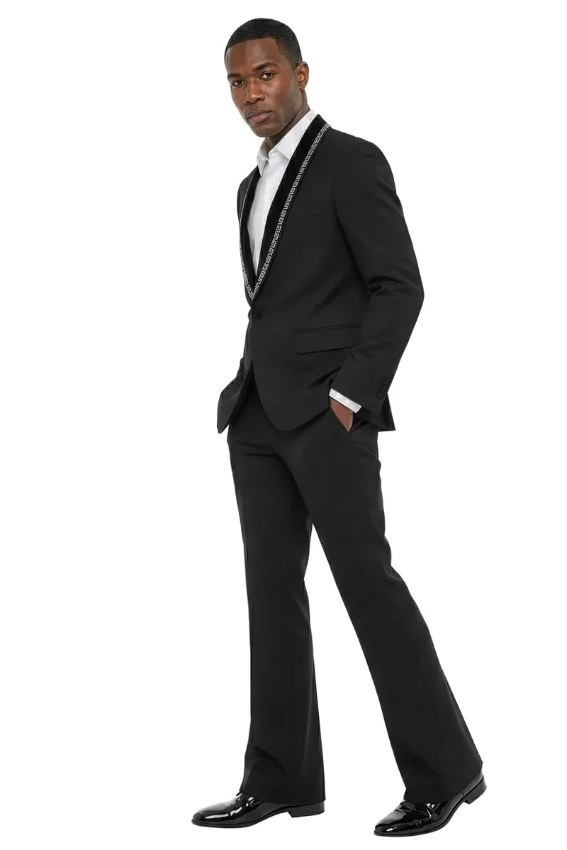 Men's Stacy Adams Studded Shawl Lapel Designer Tuxedo with Flared Pants in Black - Image 2