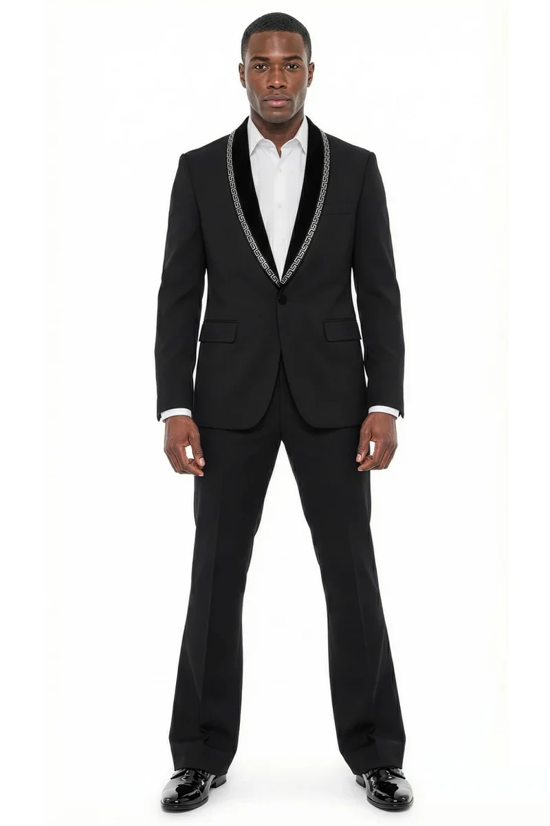 Men's Stacy Adams Studded Shawl Lapel Designer Tuxedo with Flared Pants in Black - Image 3