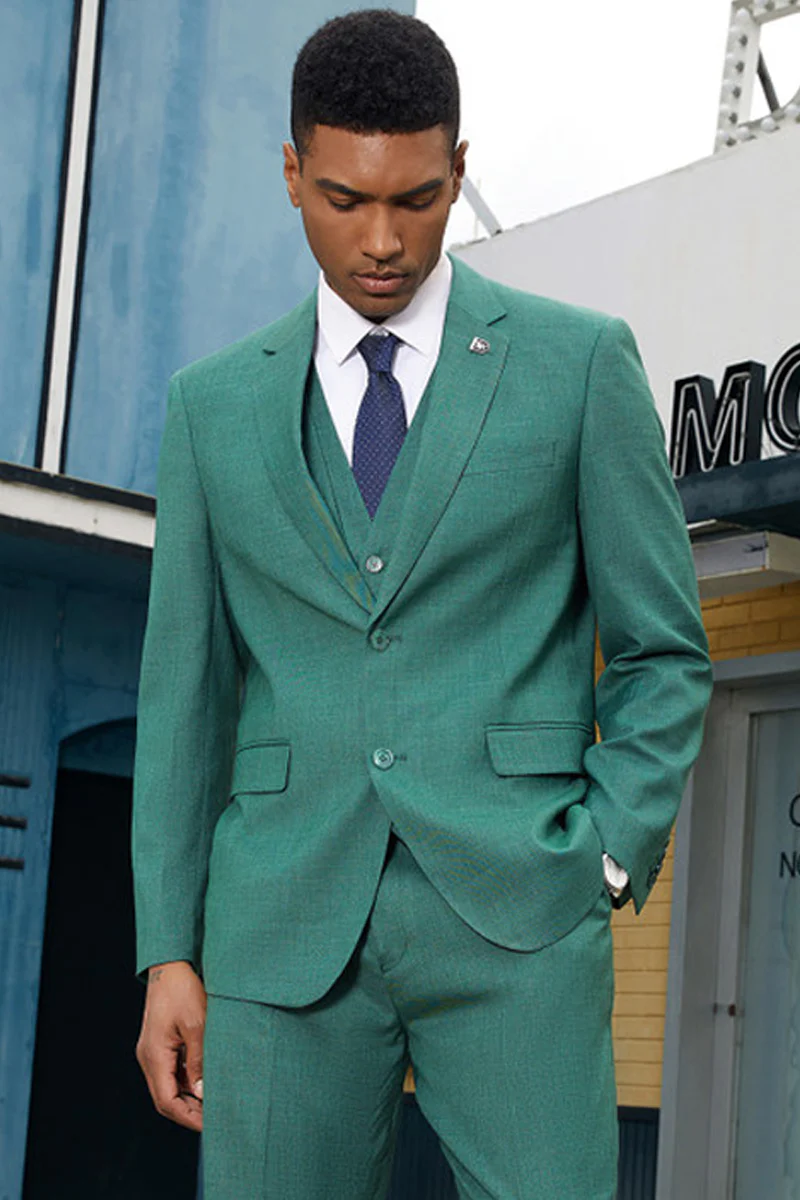 Men's Stacy Adam's Two Button Fancy Vested Suit in Neon Teal Green