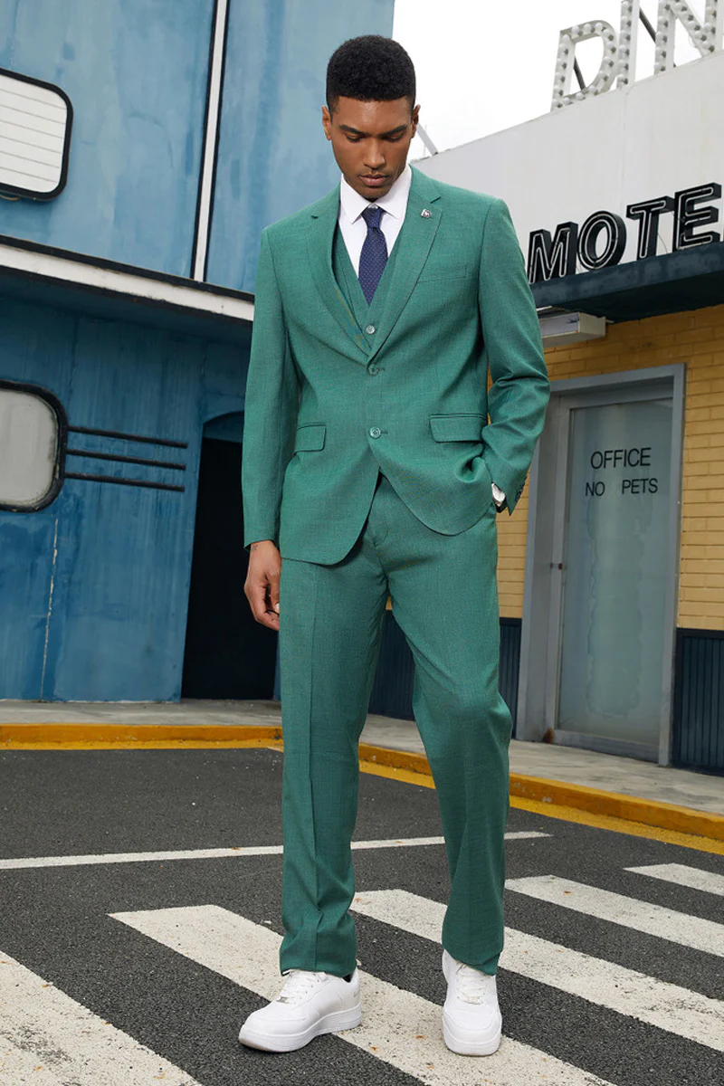 Men's Stacy Adam's Two Button Fancy Vested Suit in Neon Teal Green - Image 2