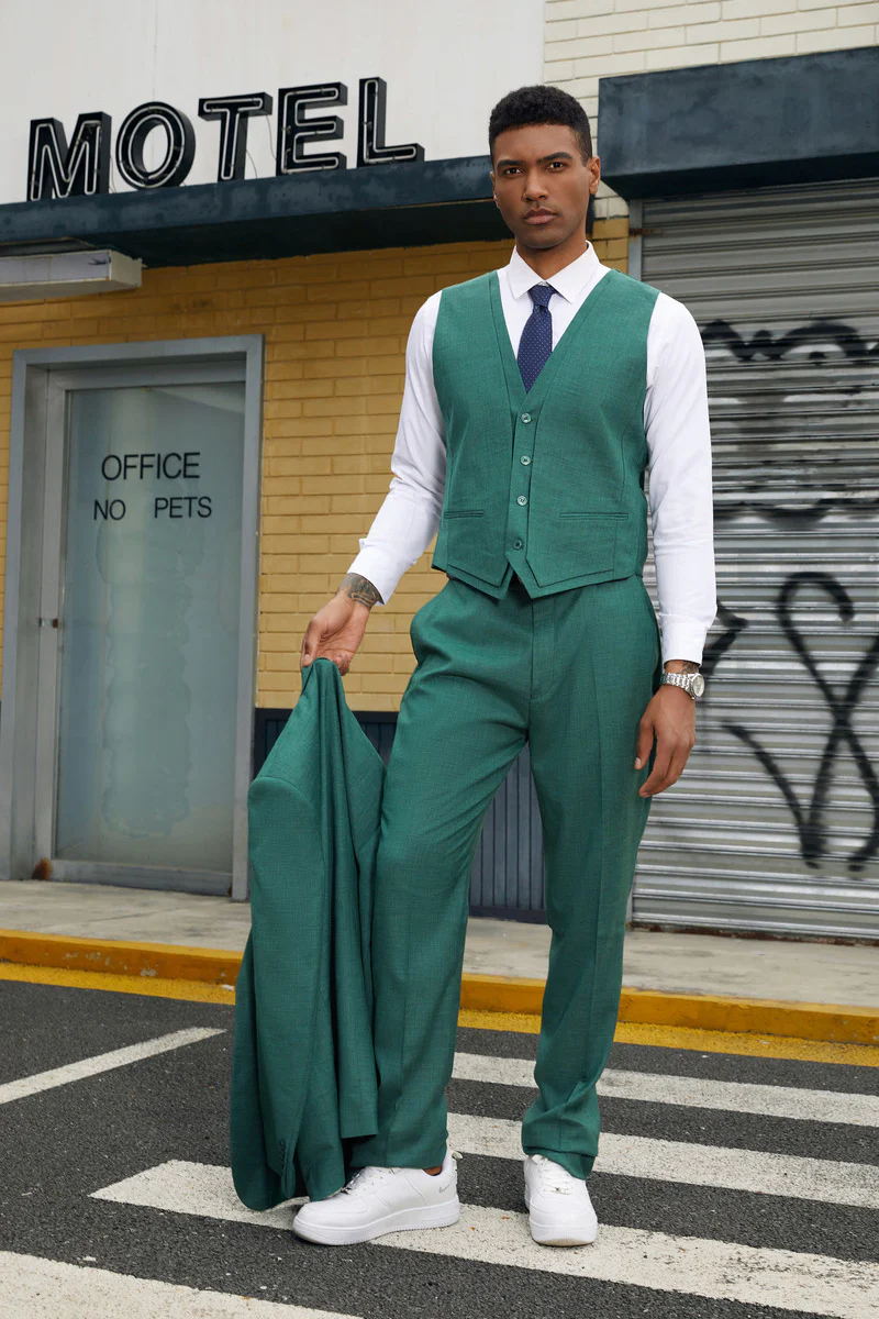 Men's Stacy Adam's Two Button Fancy Vested Suit in Neon Teal Green - Image 3