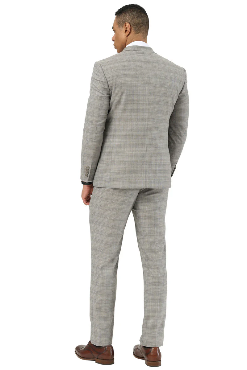 Men's Stacy Adams Two Button Peak Lapel Suit with Scoop Vest in Kahki Glen Plaid - Image 3