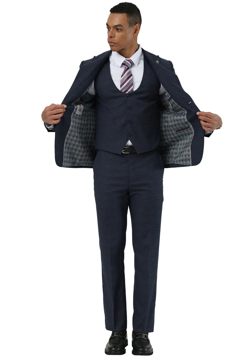 Men's Stacy Adams Two Button Peak Lapel Suit with Scoop Vest in Navy Glen Plaid - Image 2