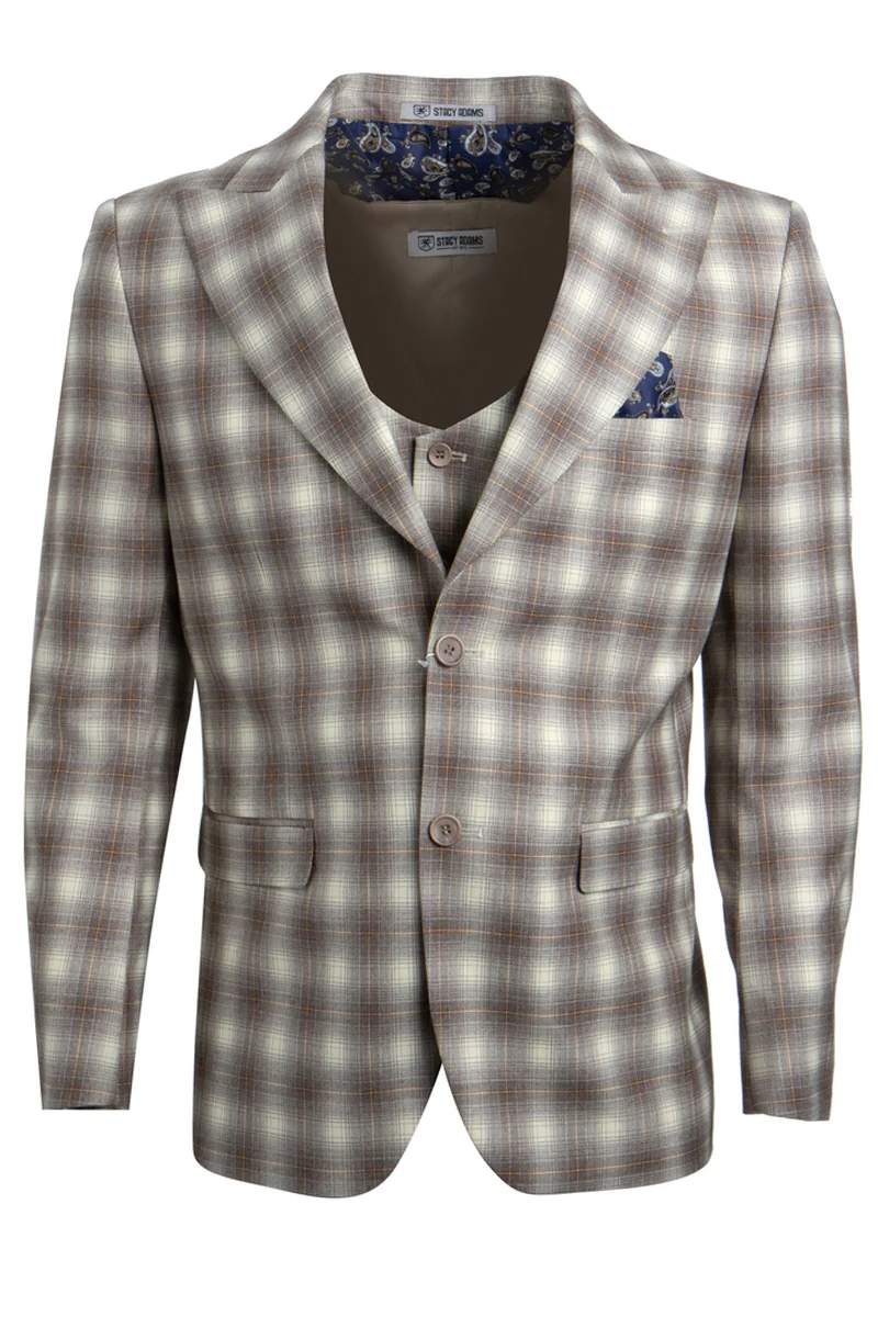 Men's Stacy Adams Two Button Vested Bold Windowpane Plaid Suit in Brown & Tan - Image 2