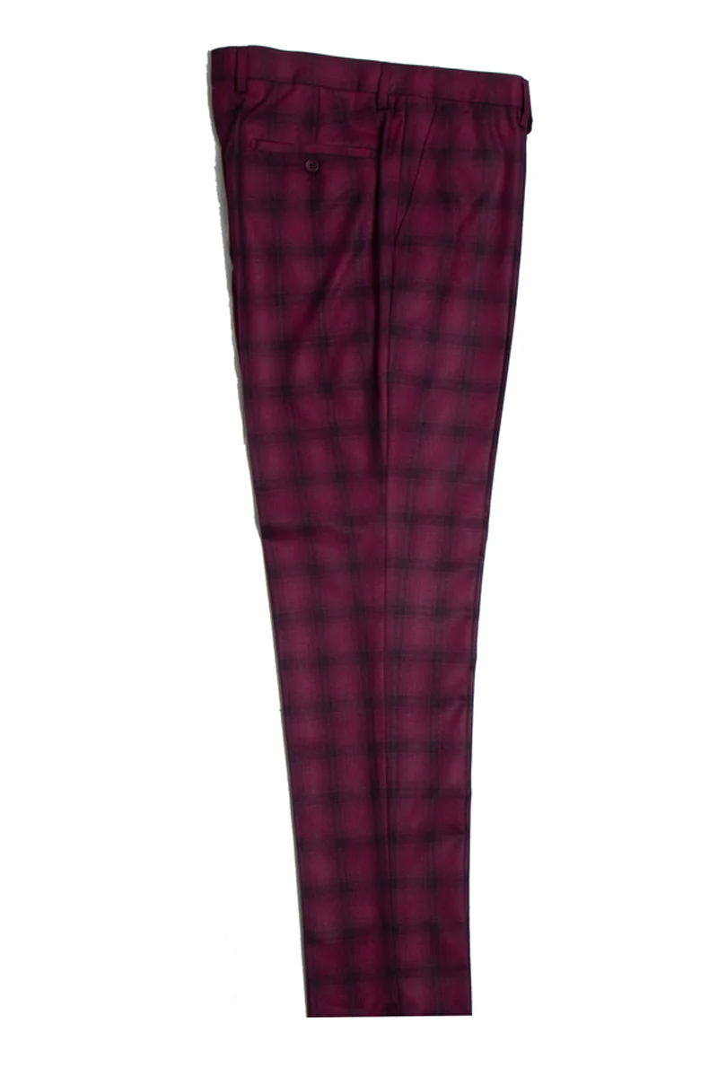 Men's Stacy Adams Two Button Vested Bold Windowpane Plaid Suit in Burgundy - Image 2