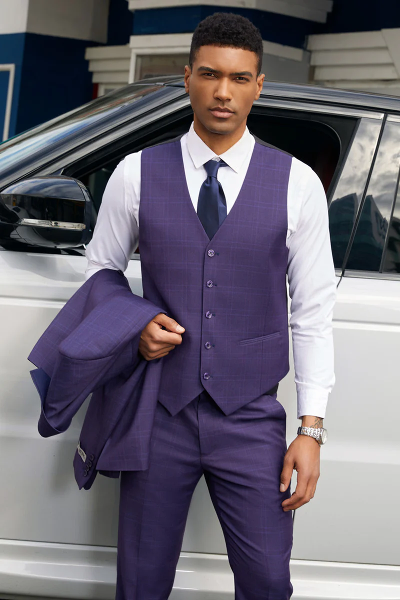 Men's Stacy Adam's Two Button Vested Business Suit in Dark Purple Plaid - Image 3