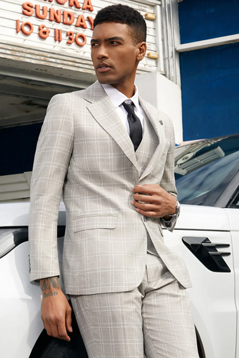 Men's Stacy Adam's Two Button Vested Business Suit in Light Grey Plaid