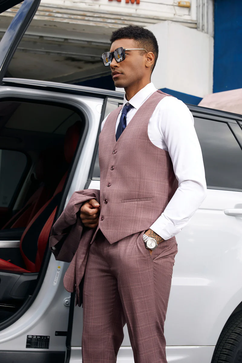 Men's Stacy Adam's Two Button Vested Business Suit in Mauve Plaid - Image 3