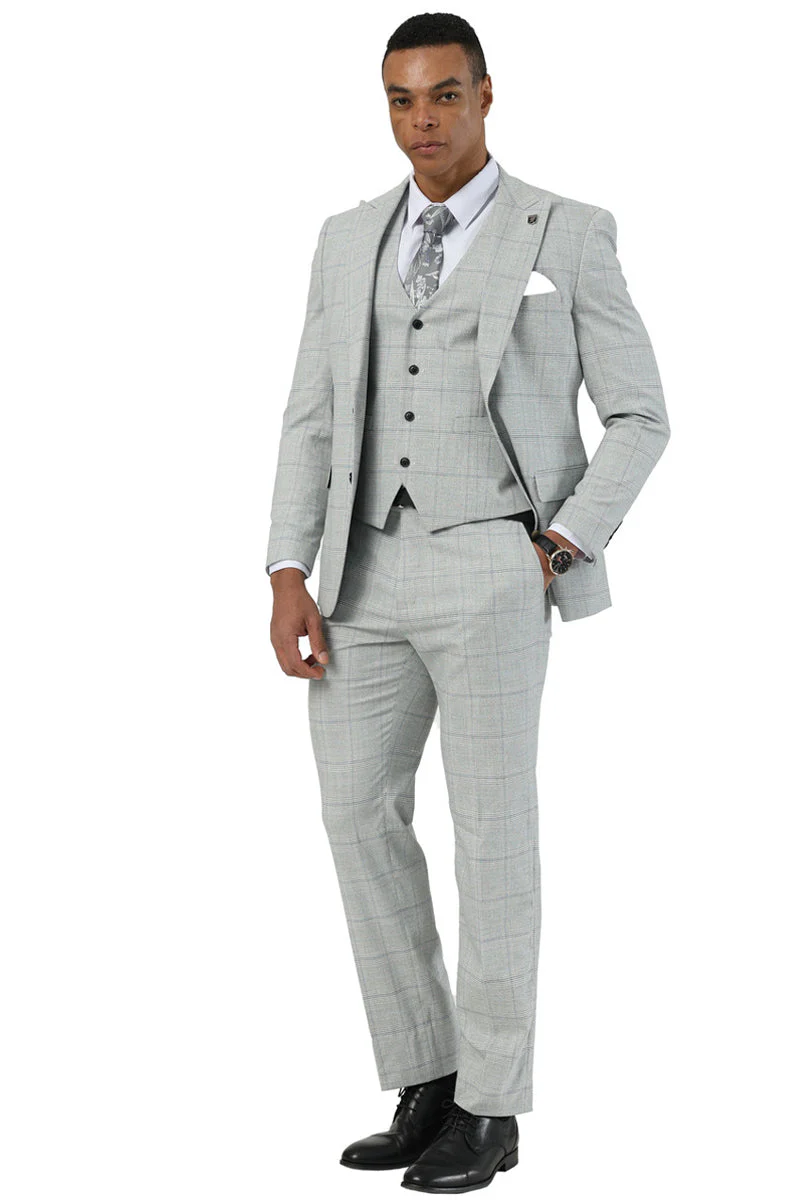 Men's Stacy Adams Two Button Vested Peak Lapel Suit in Light Grey Windowpane Plaid - Image 3