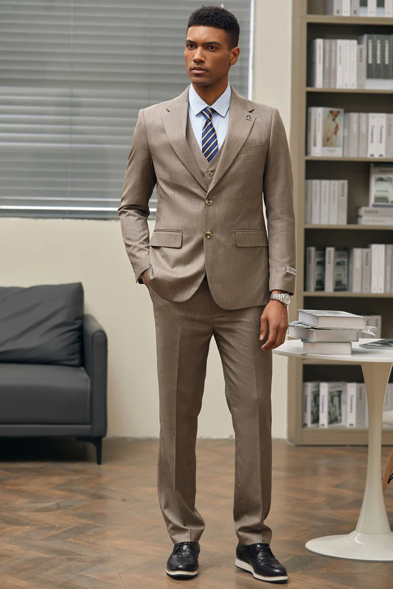 Men's Stacy Adam's Two Button Vested Sharkskin Business Suit in Dark Tan - Image 2