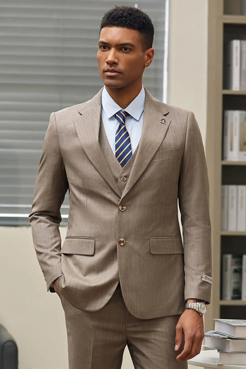 Men's Stacy Adam's Two Button Vested Sharkskin Business Suit in Dark Tan | CLOSE OUT 40R