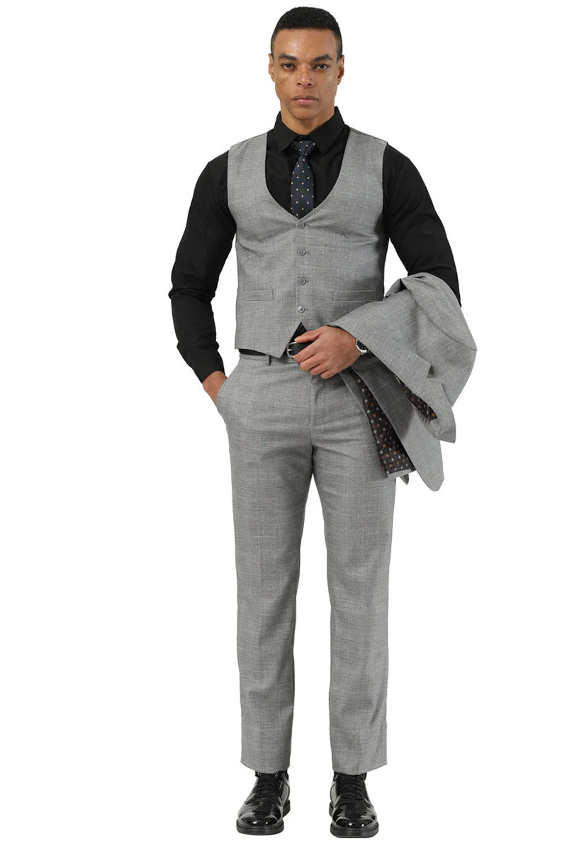 Men's Stacy Adams Two Button Vested Summer Suit in Light Grey Glen Plaid - Image 3