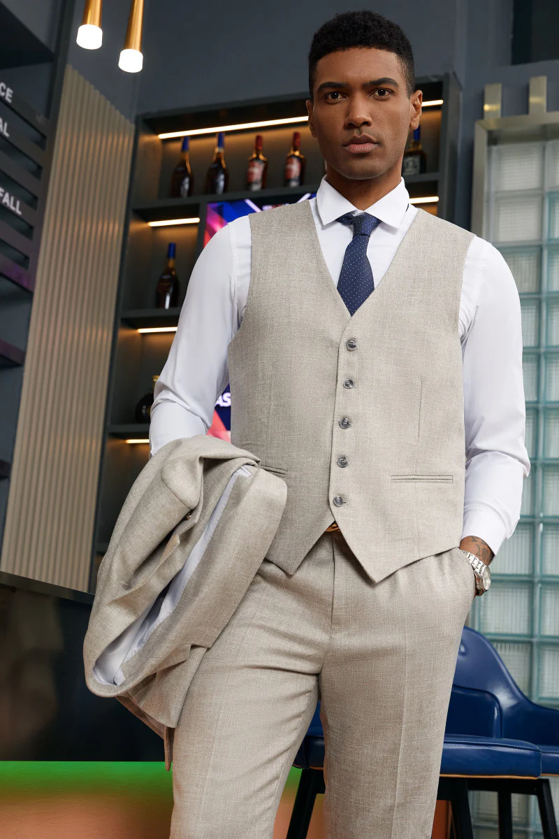 Men's Stacy Adam's Two Button Vested Summer Suit in Stone Grey - Image 3