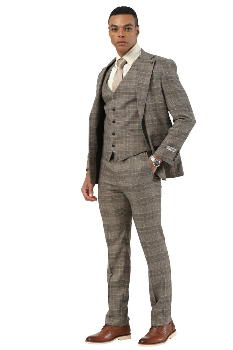 Men's Stacy Adams Two Button Wide Notch Lapel Vested Suit in Brown Glen Plaid - Image 2